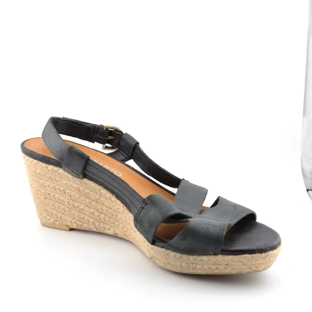 Franco Sarto Wedge Sandals Women 8 Black Espadrille Leather Women‎ Peep Toe